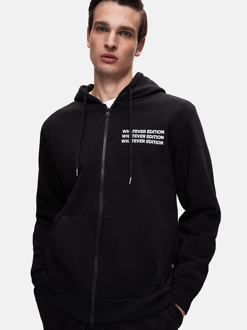 Sloganlı Kapüşonlu Fermuarlı Siyah Sweatshırt