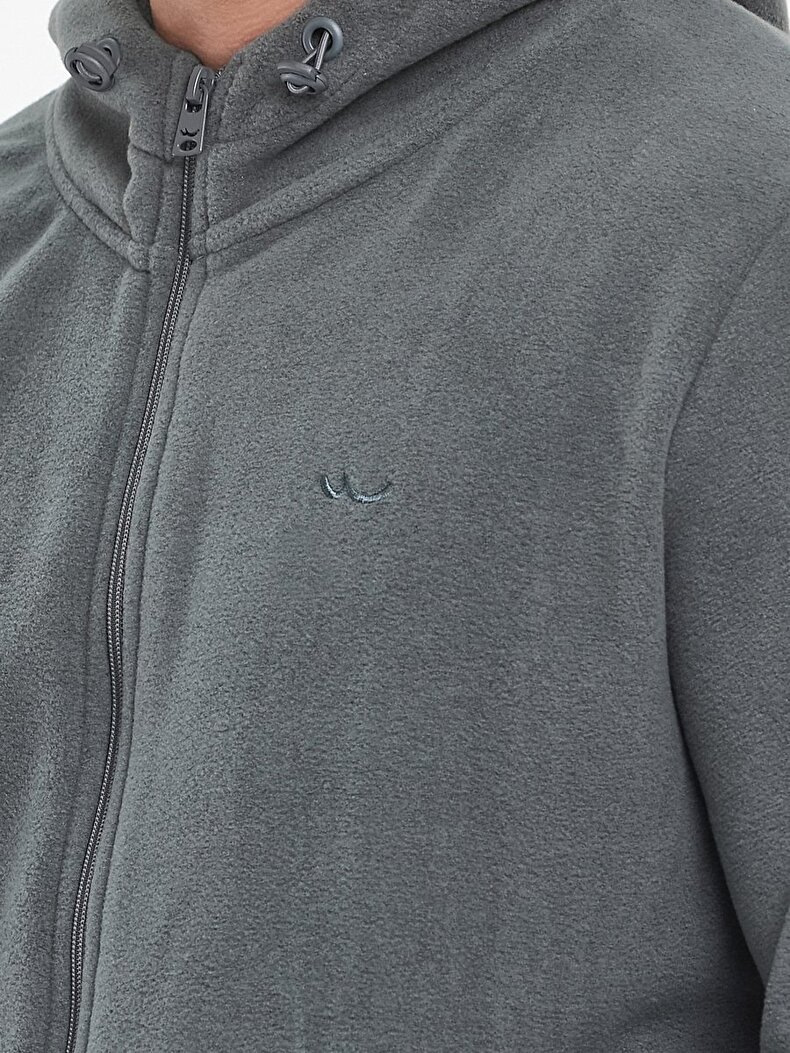 Düz Kapüşonlu Fermuarlı Gri Sweatshırt