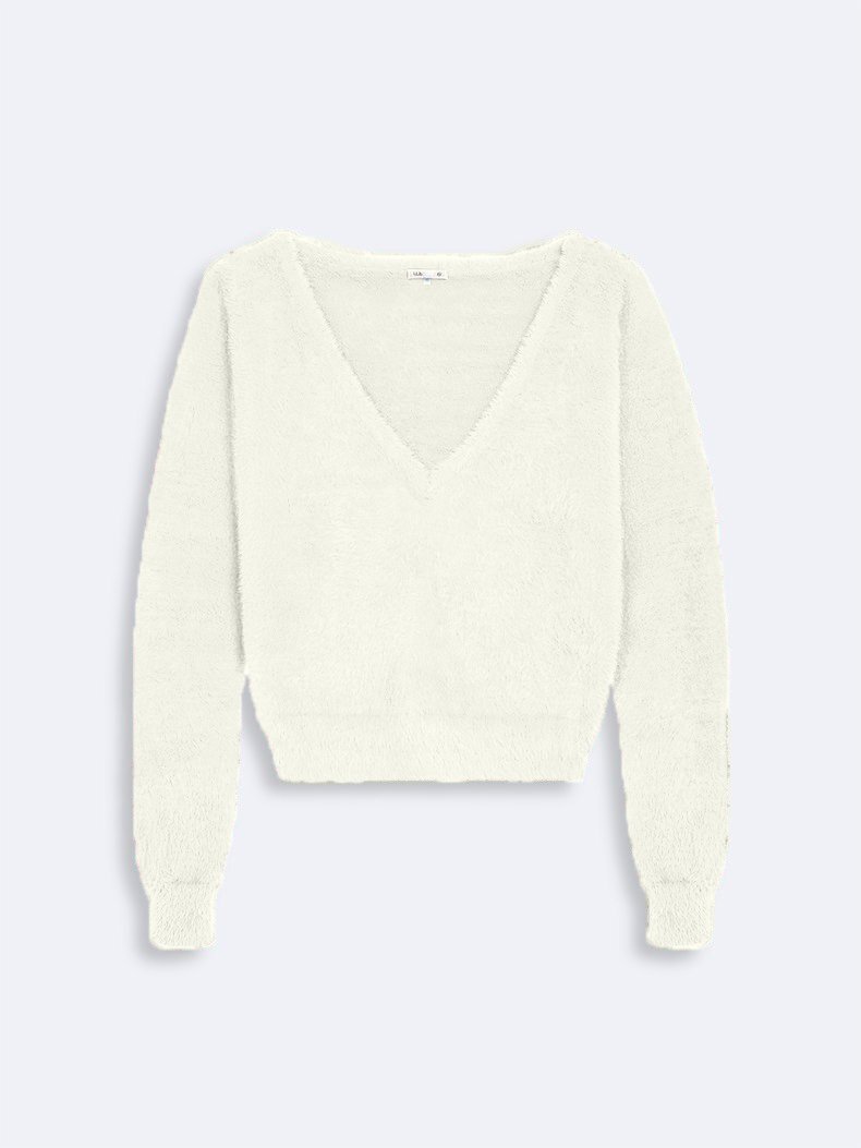 Long Sleeve V-neck Basic White Pullover