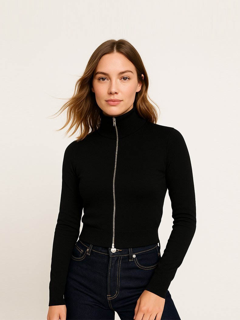 Long Sleeve Front Zipper Closing Basic Black Cardigan