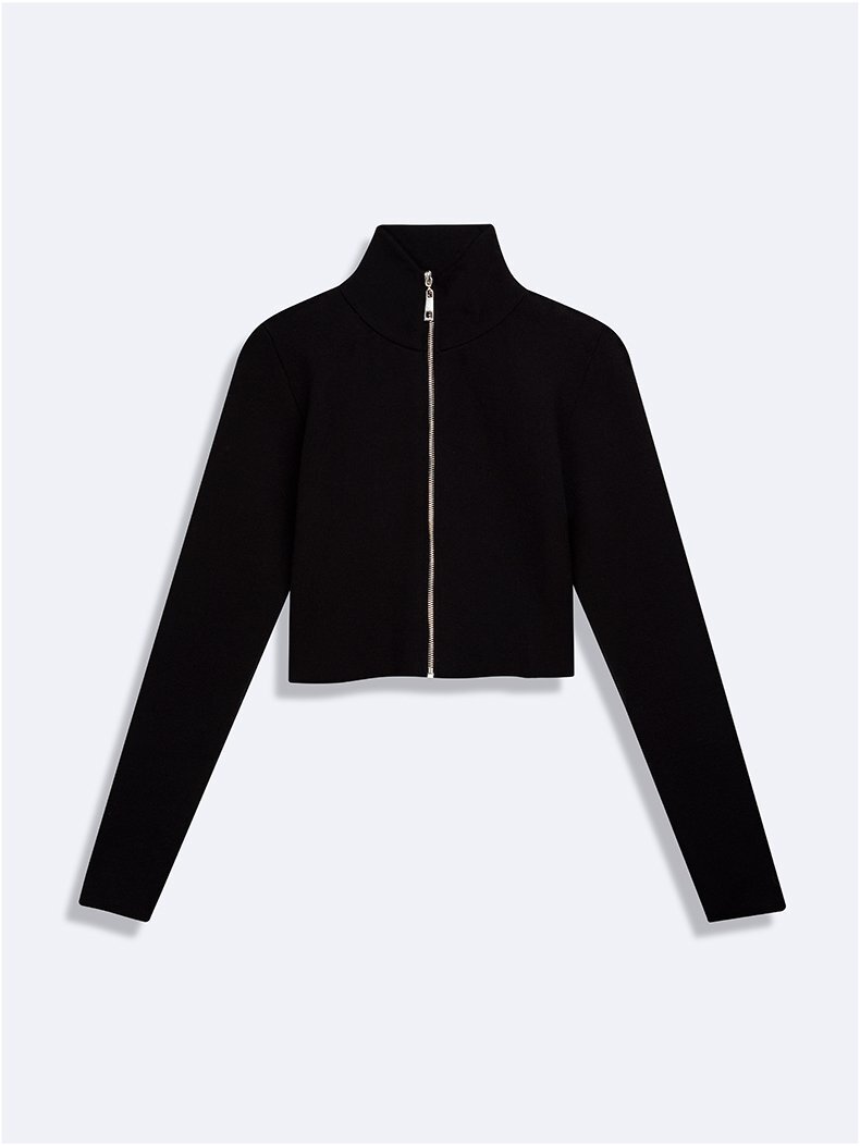 Long Sleeve Front Zipper Closing Basic Black Cardigan