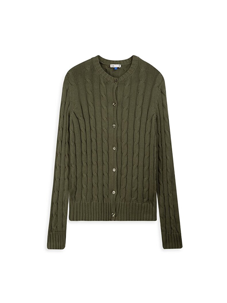 Uzun Kollu Önü Düğmeli Triko Yeşil Hırka