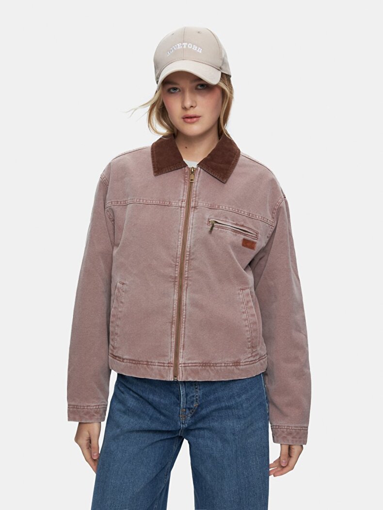 Long Sleeve Zipper Closing Collar Velvet Pink Jacket