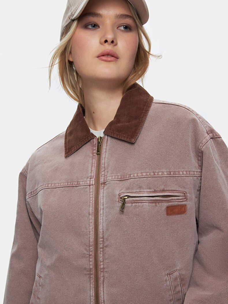 Long Sleeve Zipper Closing Collar Velvet Pink Jacket