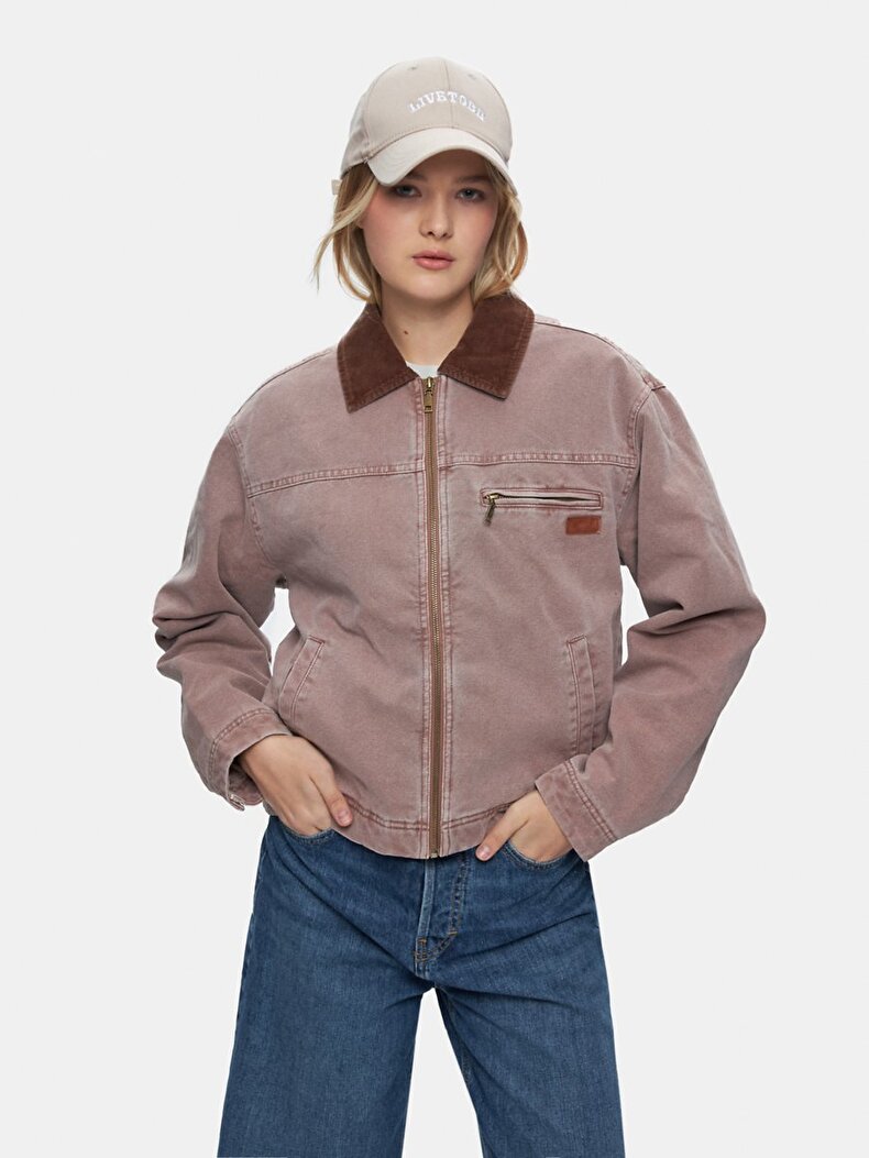 Long Sleeve Zipper Closing Collar Velvet Pink Jacket
