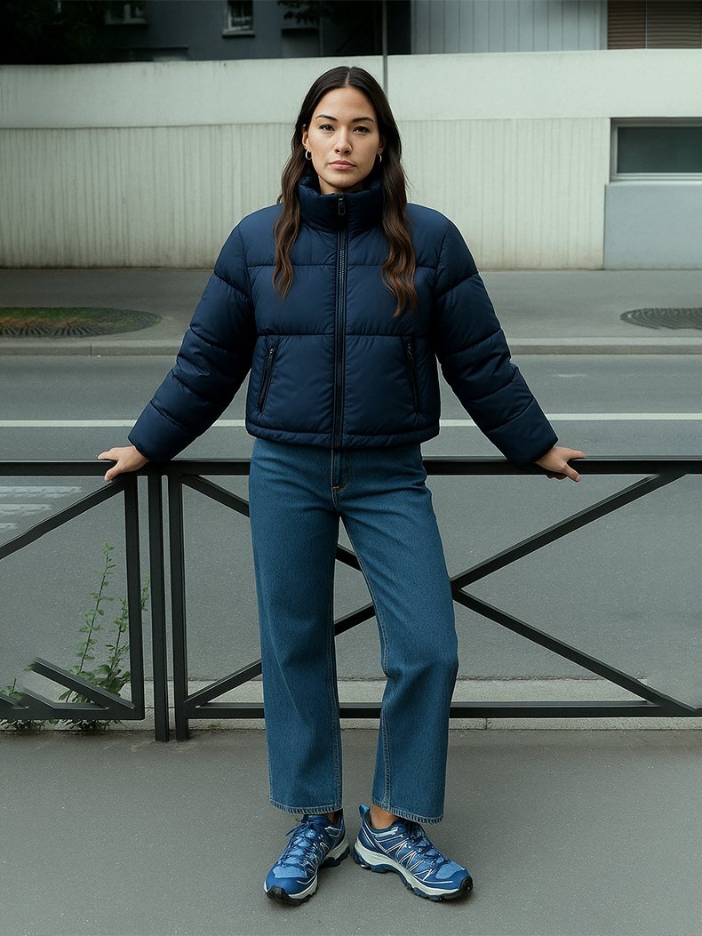 Short Puffer Front Zipper Closing Navy Coat