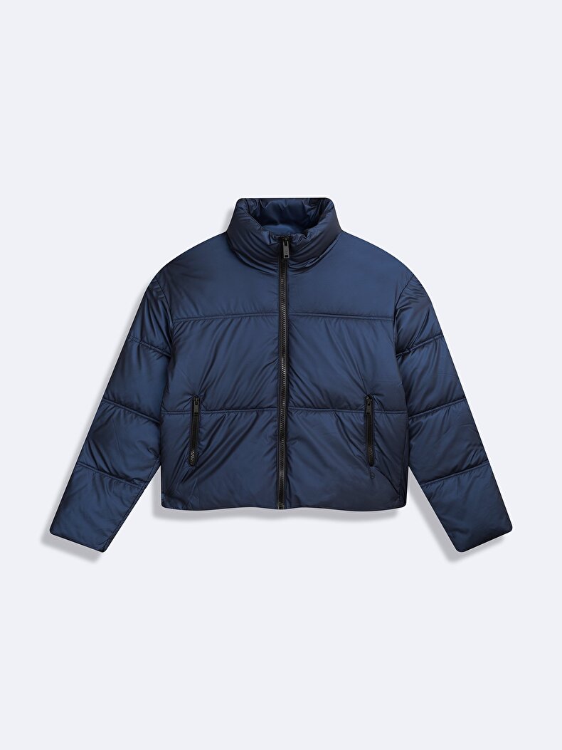 Short Puffer Front Zipper Closing Navy Coat