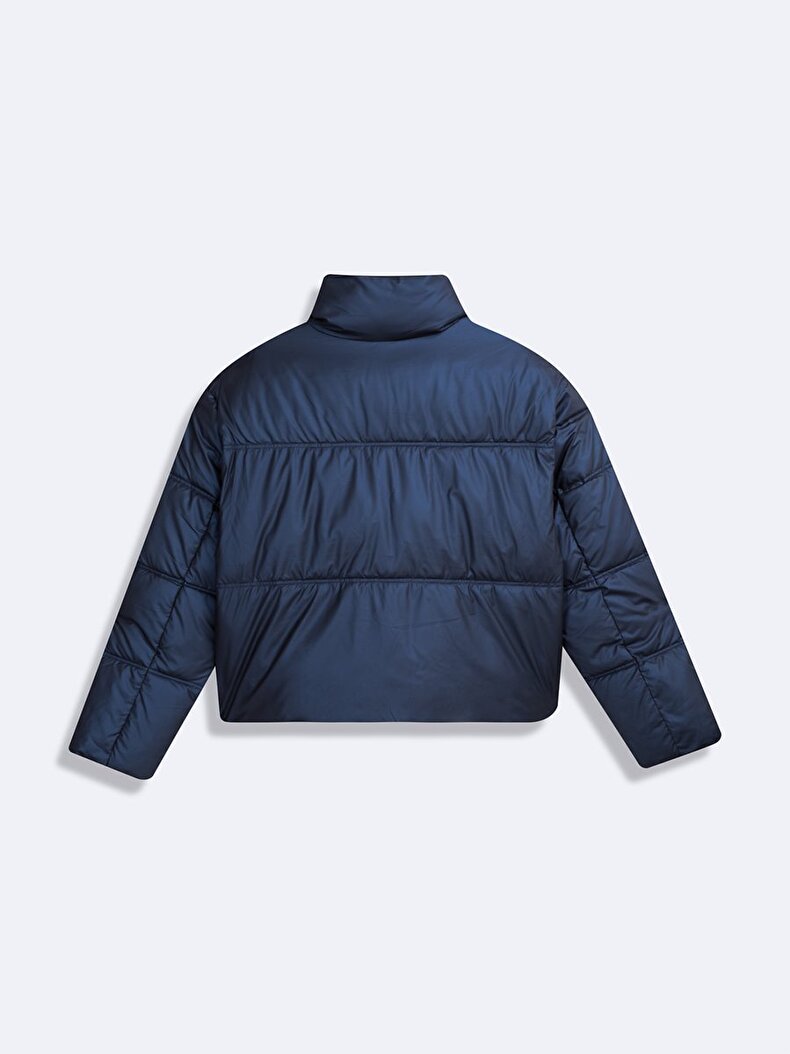 Short Puffer Front Zipper Closing Navy Coat