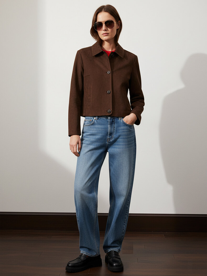 Long Sleeve Front Buttoned Cropped Brown Jacket