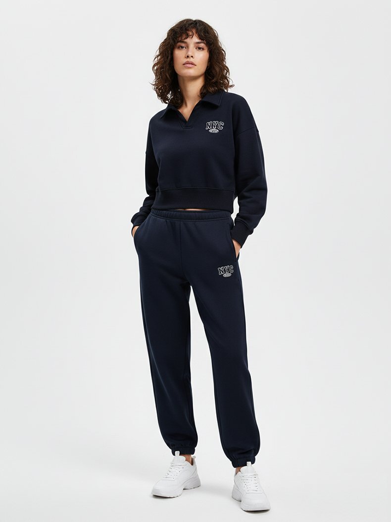 Long Sleeve Polo Print With Print Crop Navy Sweatshirt