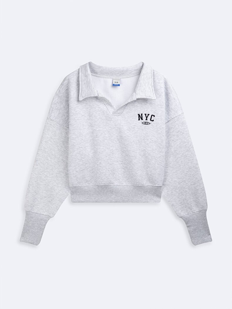 Long Sleeve Polo Print With Print Crop Grey Sweatshirt