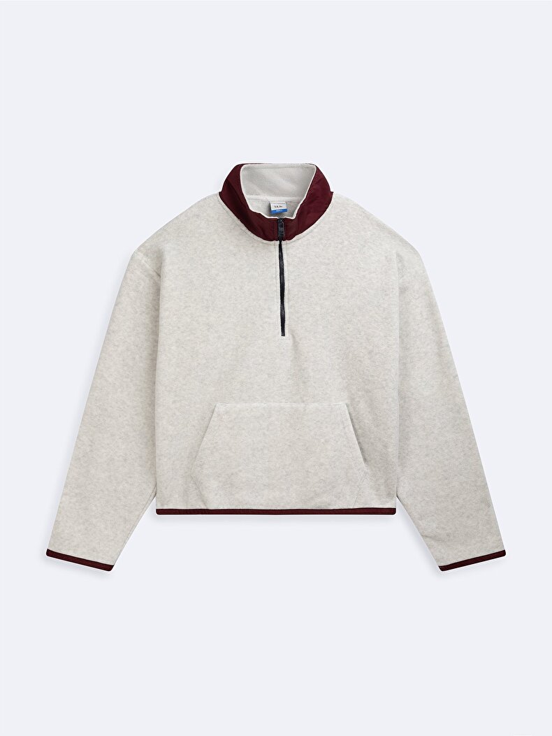 Long Sleeve Turtle Neck Zipper Closing Grey Sweatshirt