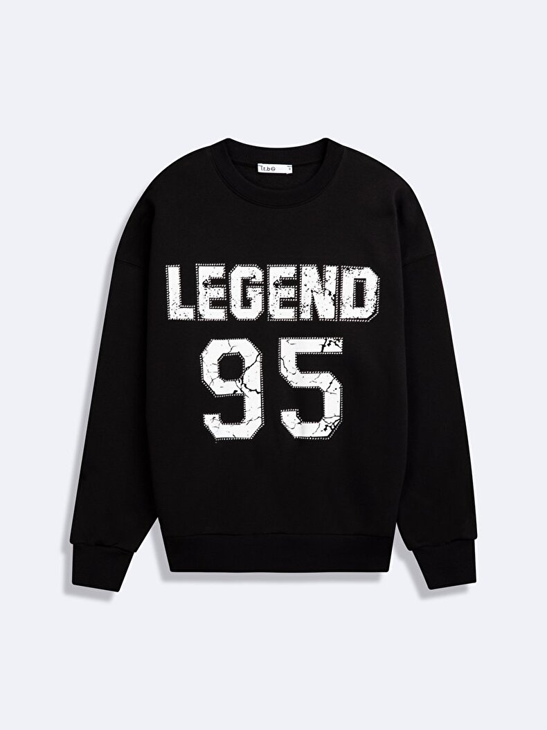 Uzun Kollu Sıfır Yaka Slogan Baskılı Siyah Sweatshırt