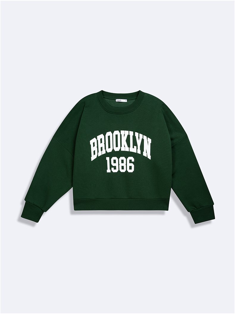 Uzun Kollu Bisiklet Yaka Slogan Baskılı Yeşil Sweatshırt