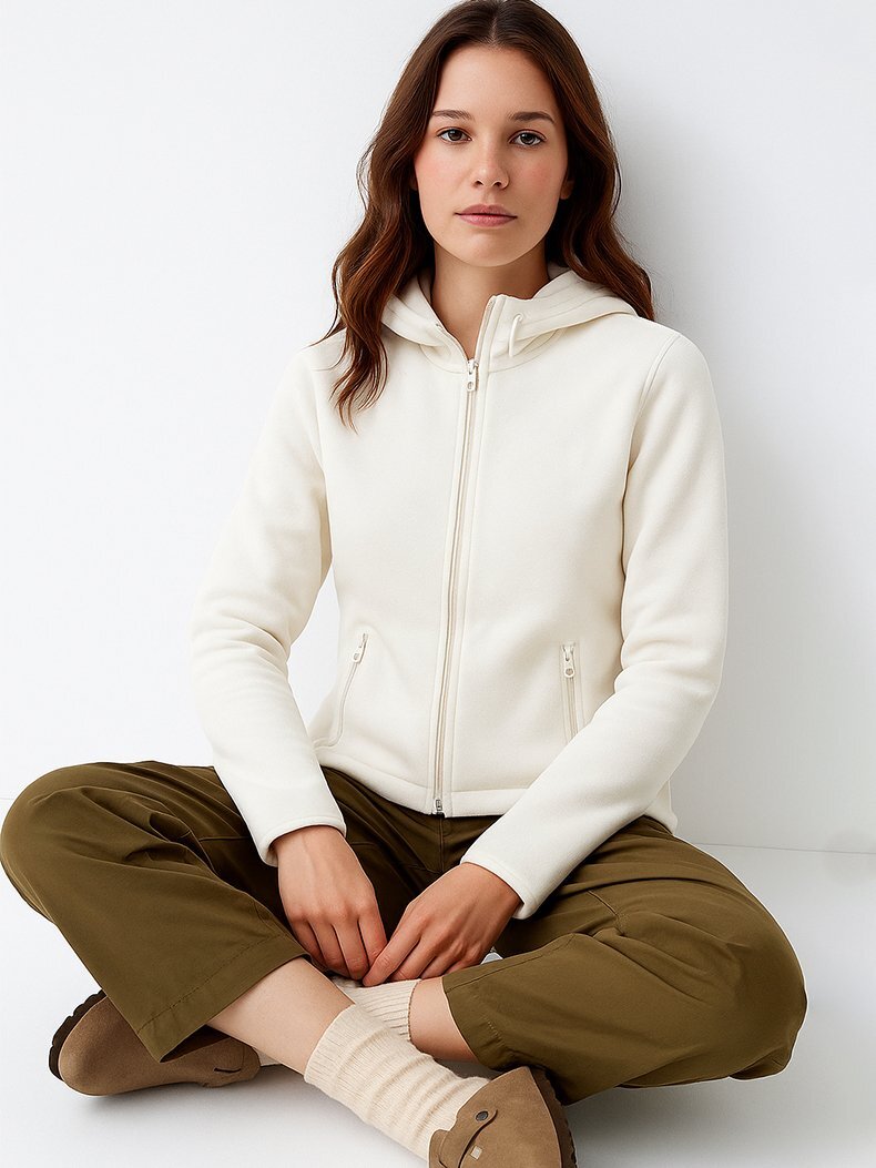 Fermuarlı Regular Kapüşonlu Polar Düz Fit Beyaz Sweatshırt