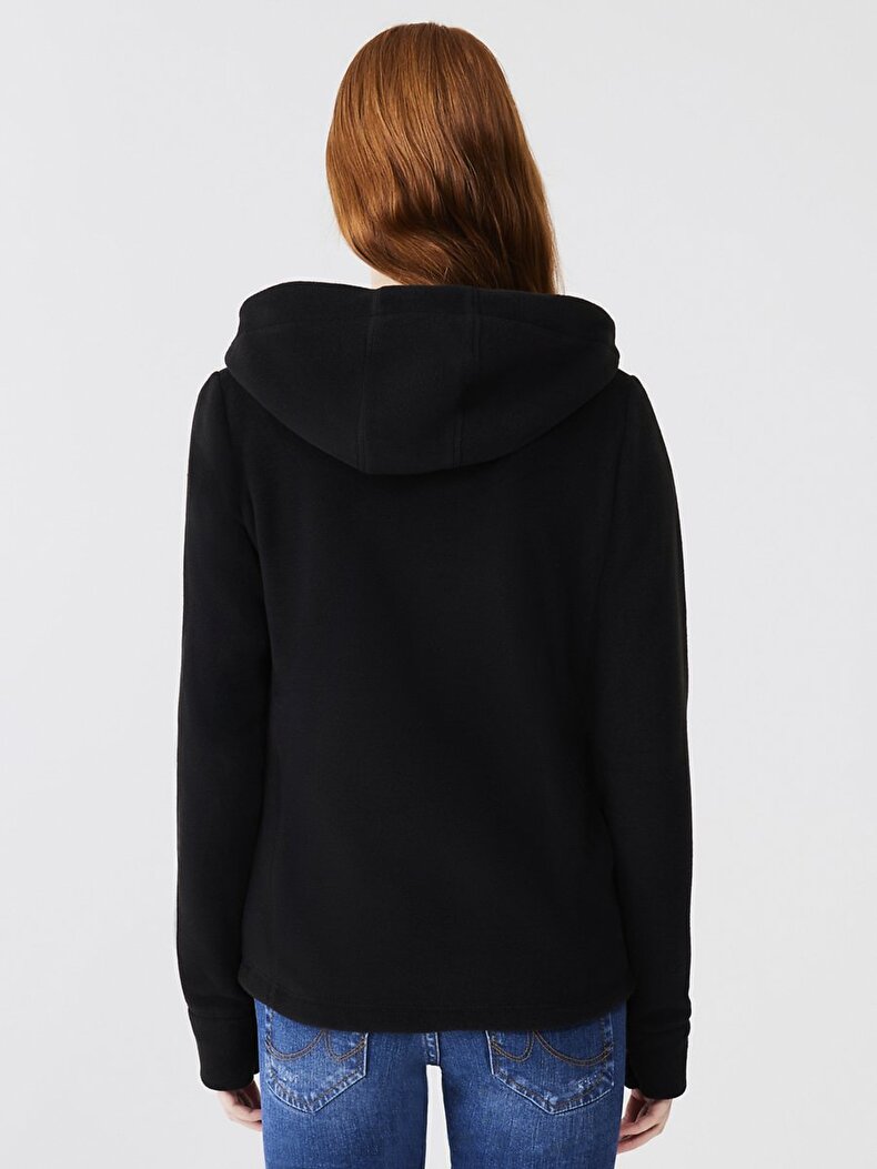 Zipper Closing Regular With Hood Polar Straight Fit Black Sweatshirt