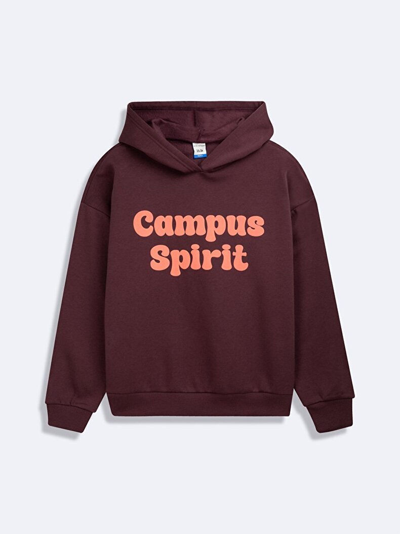 Uzun Kollu Slogan Baskılı Kapüşonlu Sweatshırt