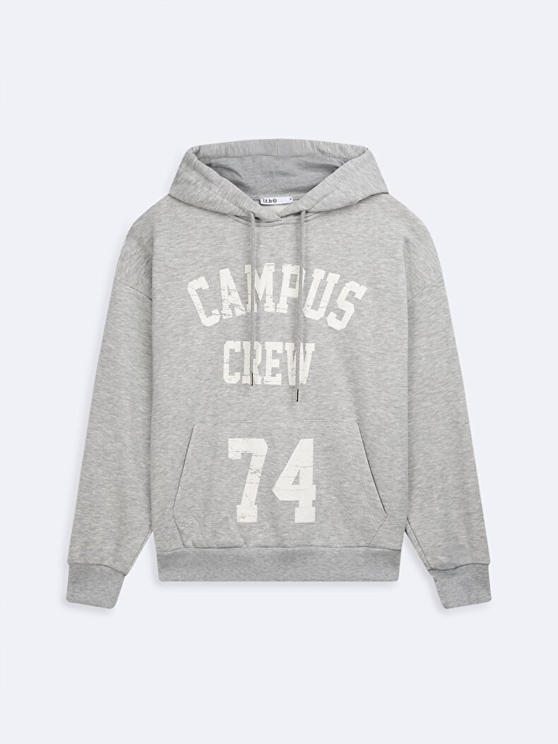 Uzun Kollu Kapüşonlu Slogan Baskılı Gri Sweatshırt