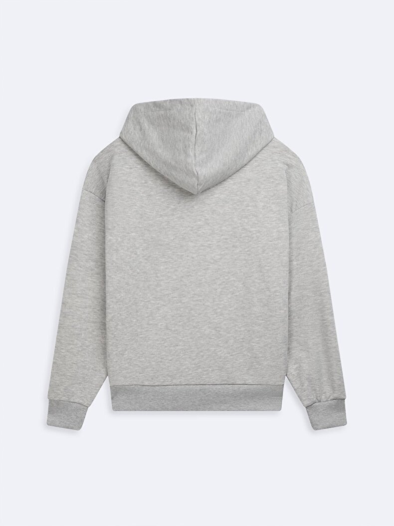 Uzun Kollu Kapüşonlu Slogan Baskılı Gri Sweatshırt