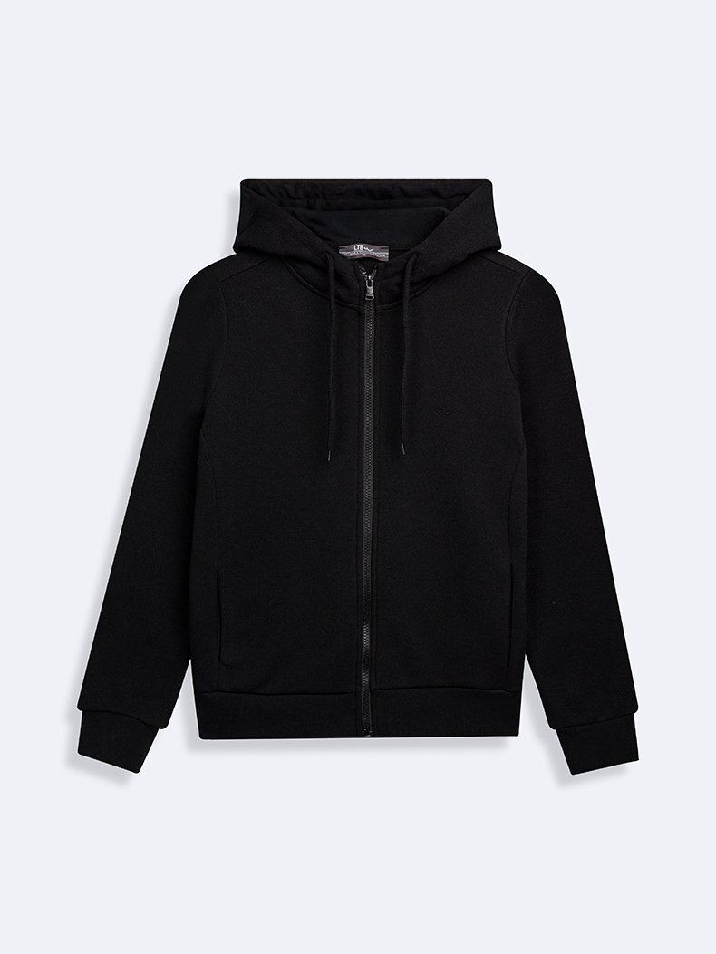 Fermuarlı Regular Kapüşonlu Düz Fit Siyah Sweatshırt