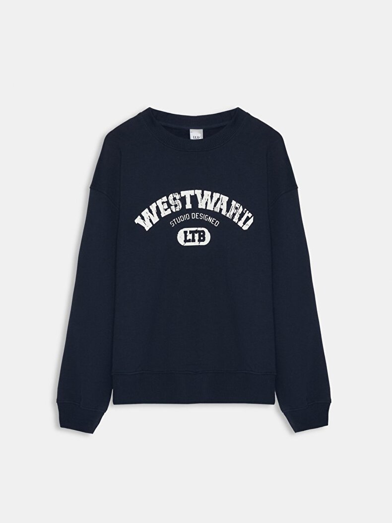 Uzun Kollu Sıfır Yaka Slogan Baskılı Lacivert Sweatshırt