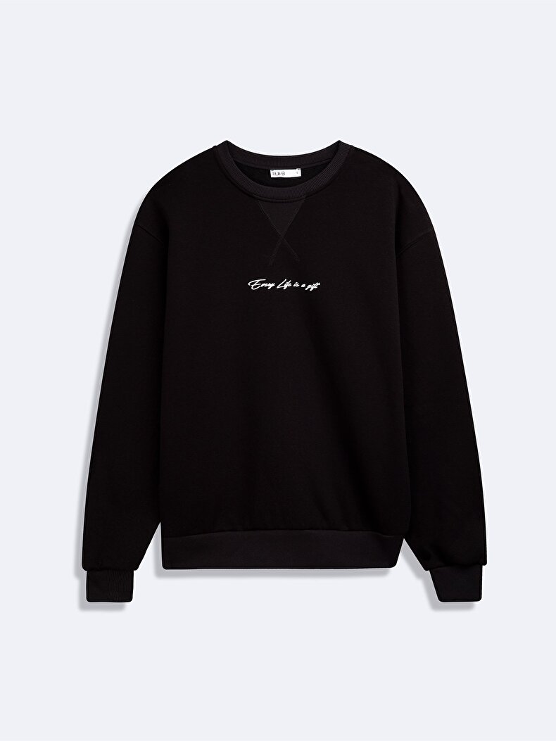 Uzun Kollu Sıfır Yaka Slogan Baskılı Siyah Sweatshırt