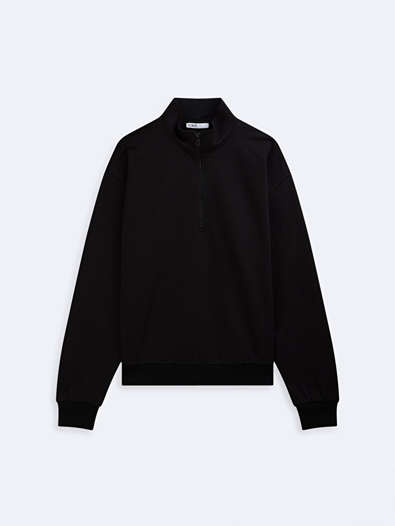 Uzun Kollu Yarım Fermuarlı Basıc Siyah Sweatshırt