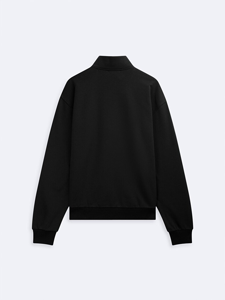 Uzun Kollu Yarım Fermuarlı Basıc Siyah Sweatshırt