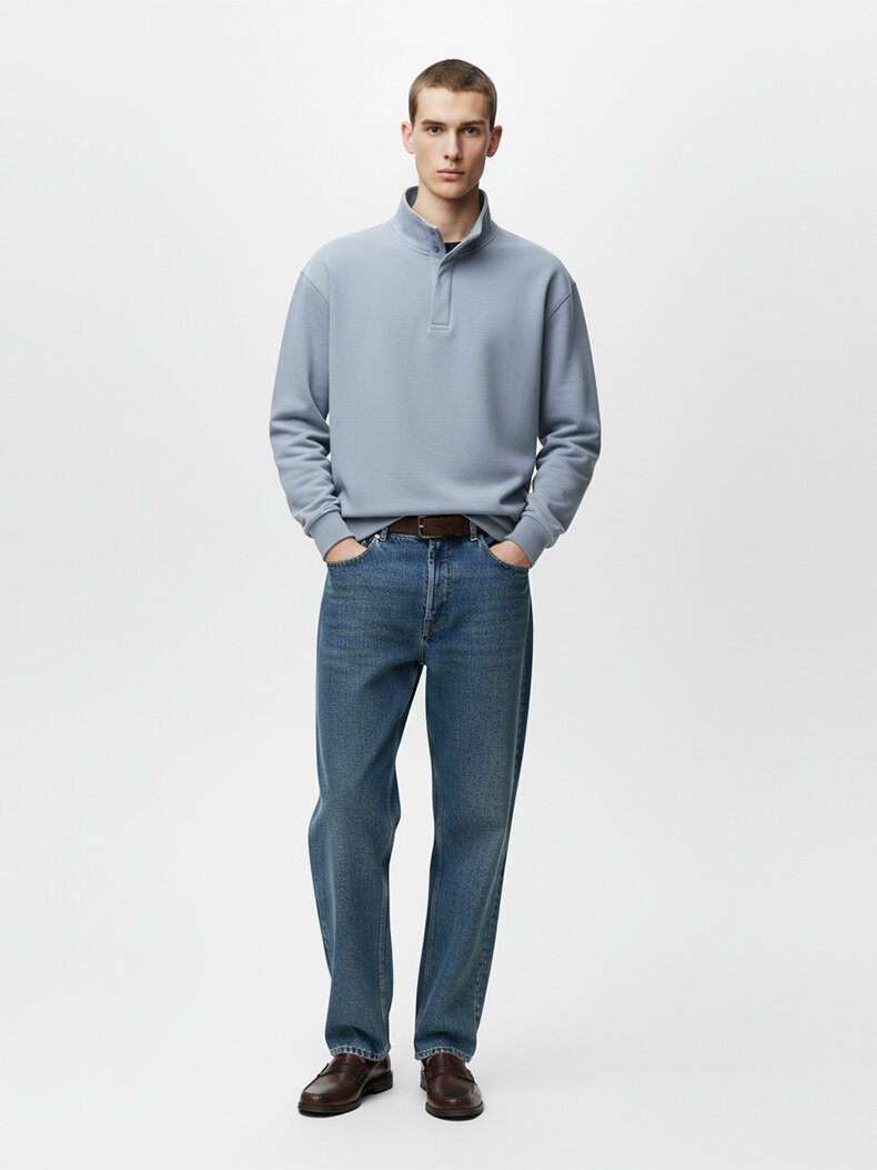 Uzun Kollu Yarım Fermuarlı Regular Mavi Sweatshırt