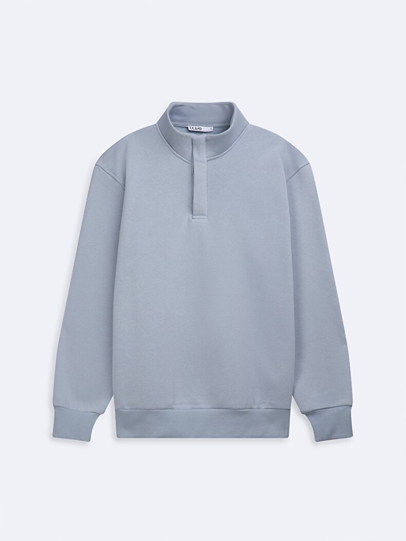 Uzun Kollu Yarım Fermuarlı Regular Mavi Sweatshırt