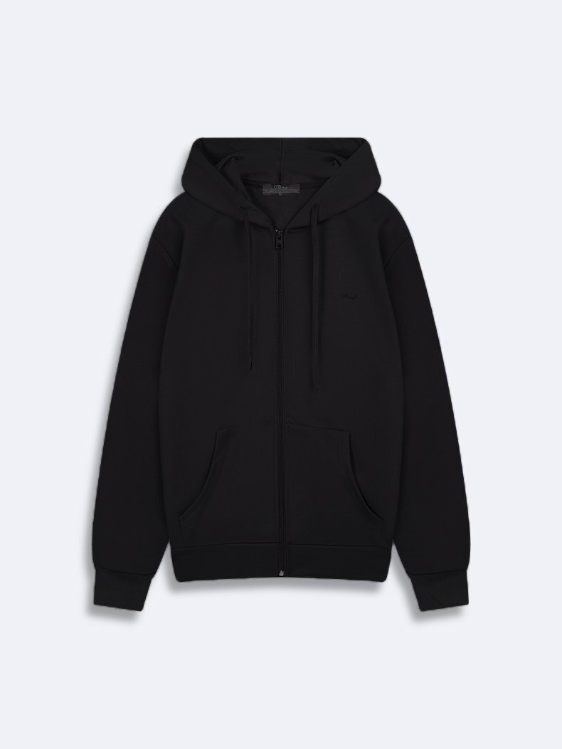 Kapüşonlu Fermuarlı Cepli Basıc Siyah Sweatshırt