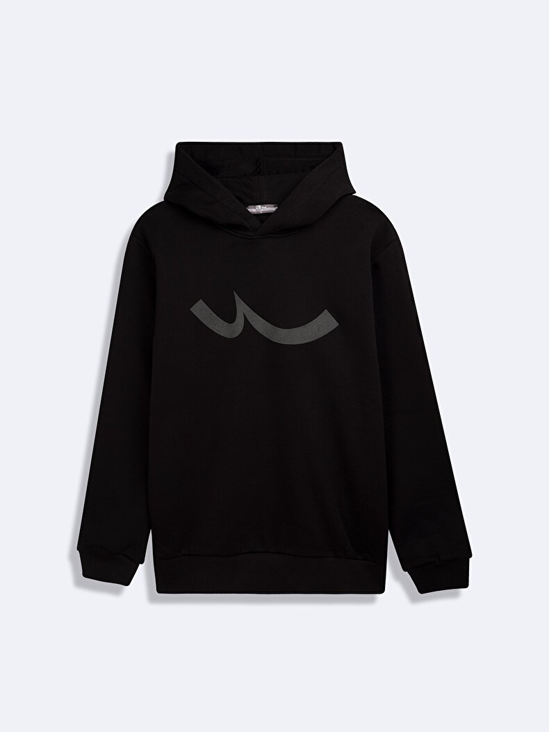 With Hood Sign With Print Long Sleeve Black Sweatshirt