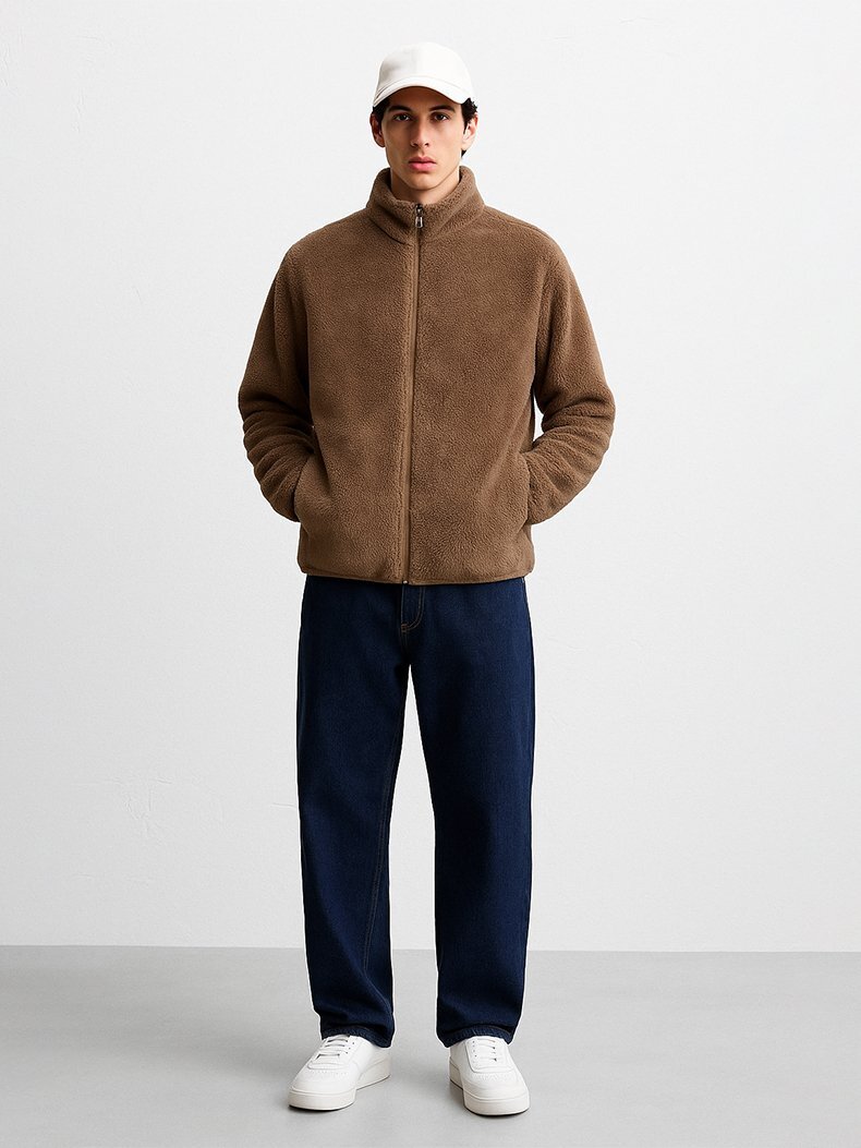 Uzun Kollu Fermuarlı Polar Camel Sweatshırt