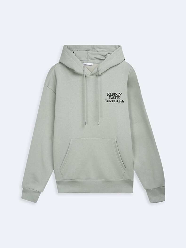 Uzun Kollu Kapüşonlu Slogan Baskılı Yeşil Sweatshırt