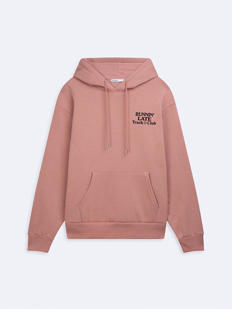 Uzun Kollu Kapüşonlu Slogan Baskılı Pembe Sweatshırt