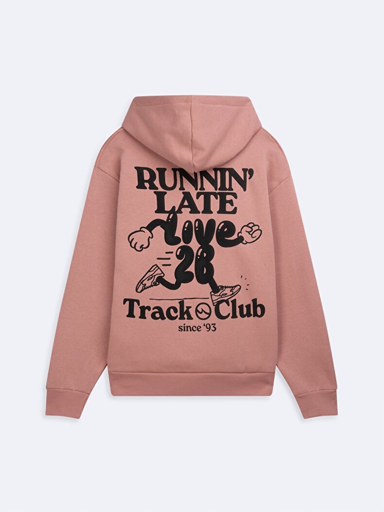 Uzun Kollu Kapüşonlu Slogan Baskılı Pembe Sweatshırt