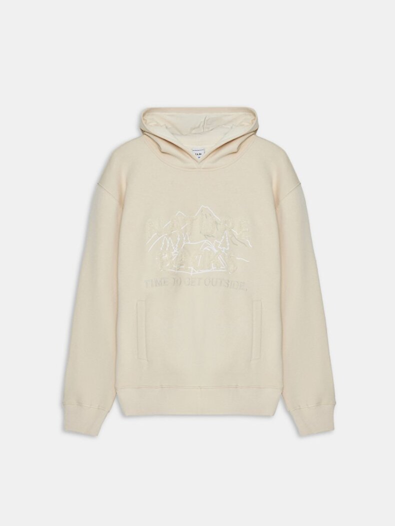 Uzun Kollu Kapüşonlu Slogan Baskılı Bej Sweatshırt Uzun Kollu Kapüşonlu Slogan Baskılı Bej Sweatshırt