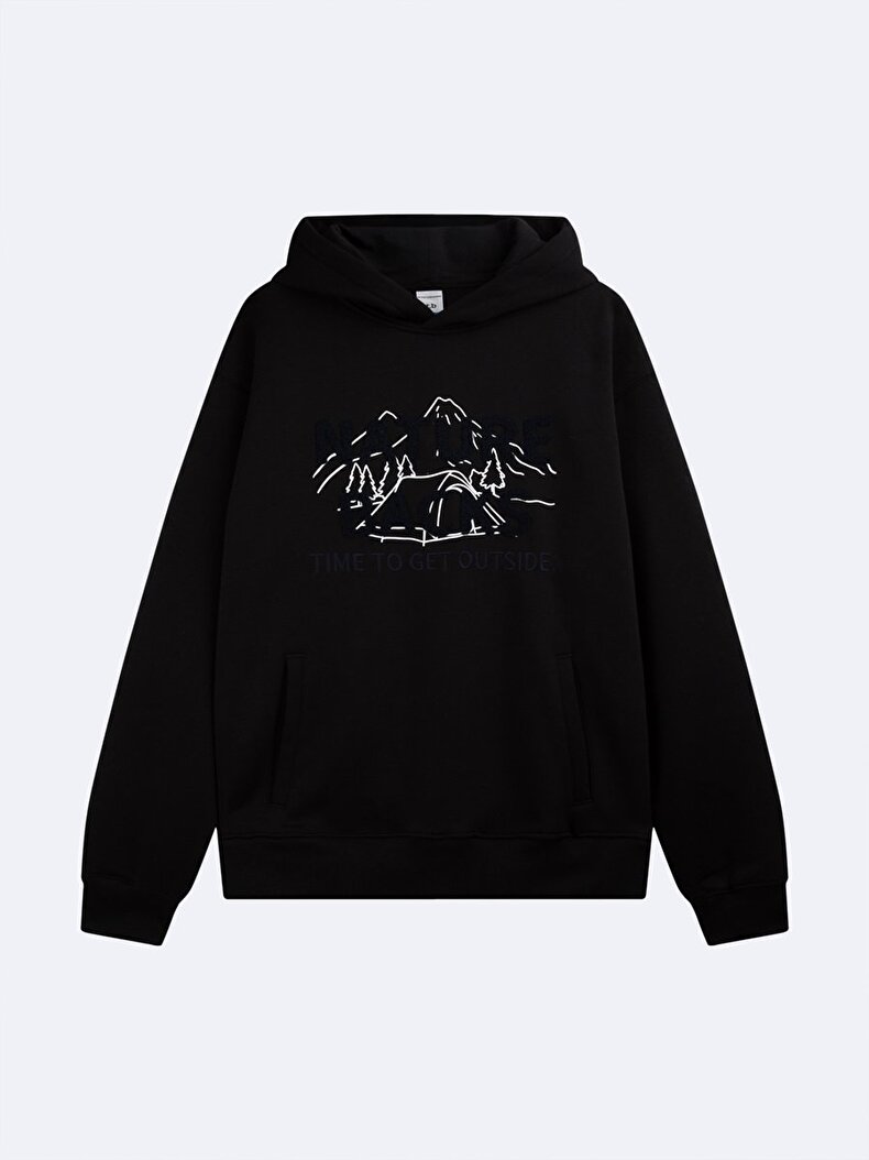 Uzun Kollu Kapüşonlu Slogan Baskılı Siyah Sweatshırt Uzun Kollu Kapüşonlu Slogan Baskılı Siyah Sweatshırt
