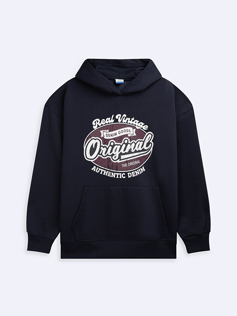 Uzun Kollu Kapüşonlu Slogan Baskılı Lacivert Sweatshırt