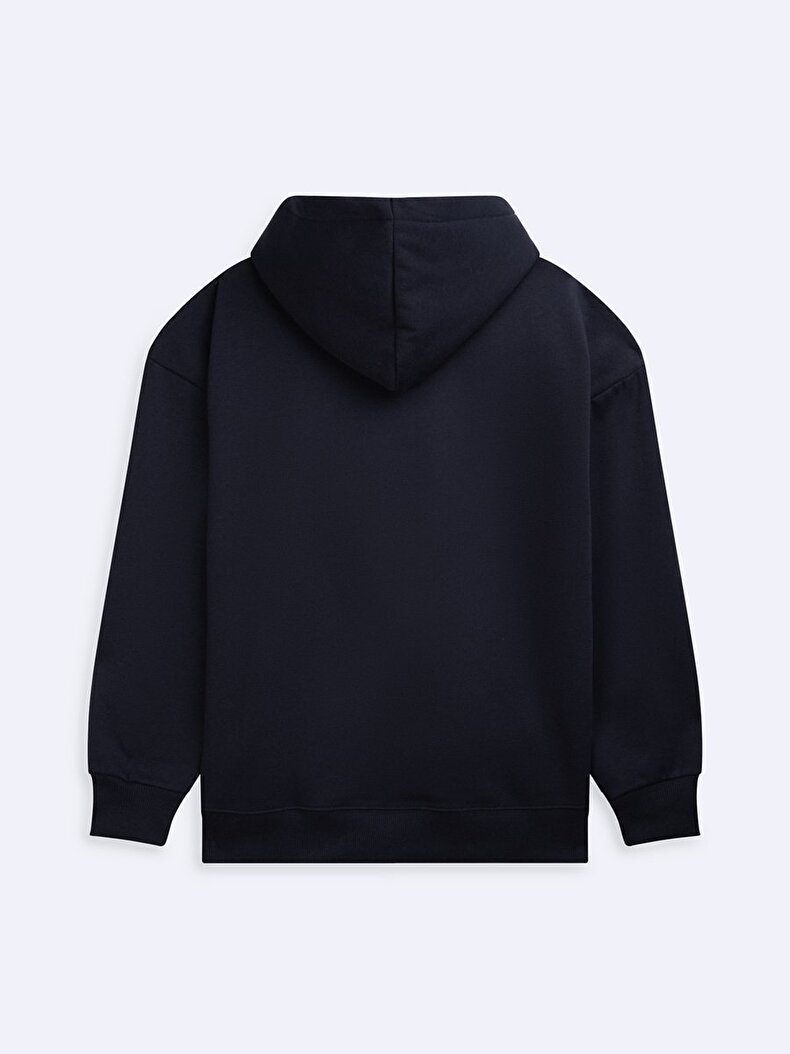 Uzun Kollu Kapüşonlu Slogan Baskılı Lacivert Sweatshırt