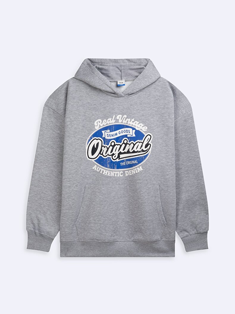 Uzun Kollu Kapüşonlu Slogan Baskılı Gri Sweatshırt