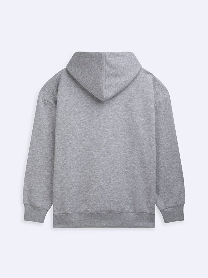 Uzun Kollu Kapüşonlu Slogan Baskılı Gri Sweatshırt