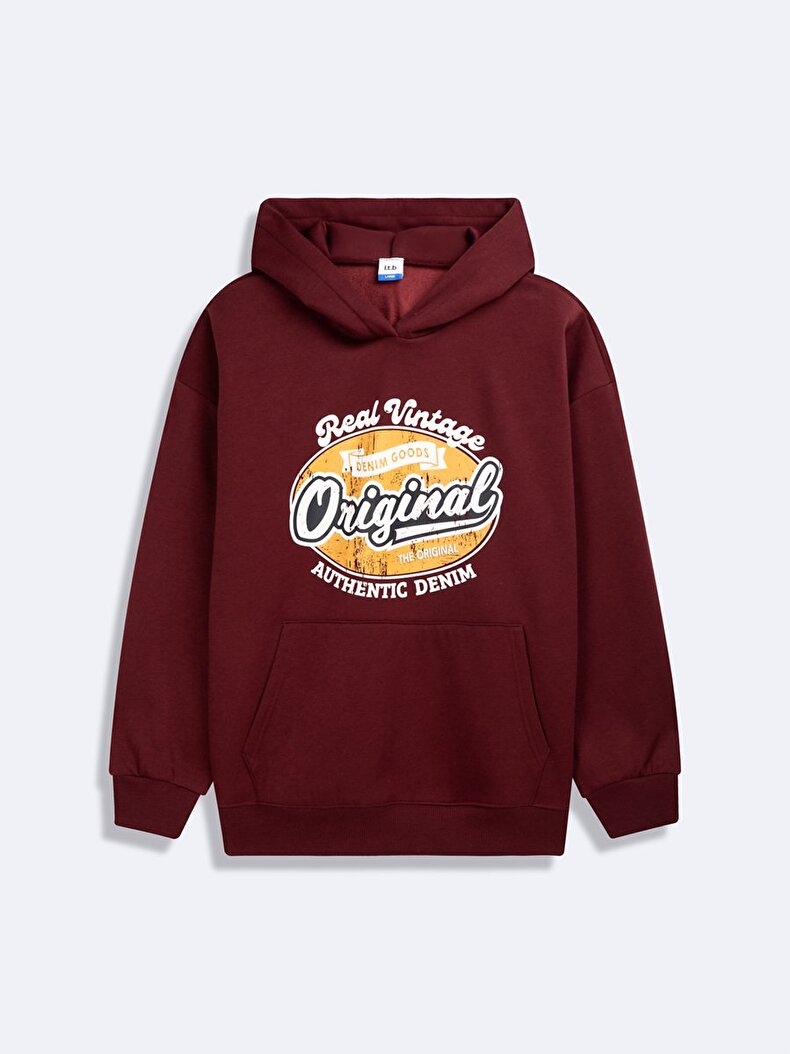Uzun Kollu Kapüşonlu Slogan Baskılı Kırmızı Sweatshırt