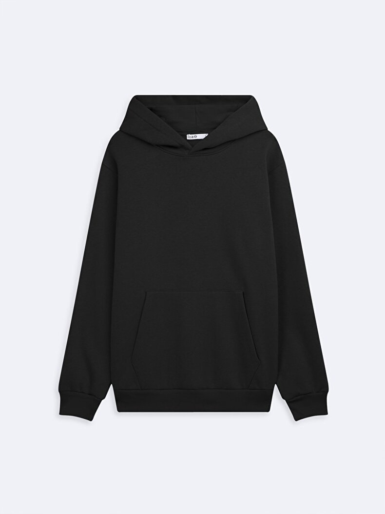 Uzun Kollu Kapüşonlu Basıc Siyah Sweatshırt