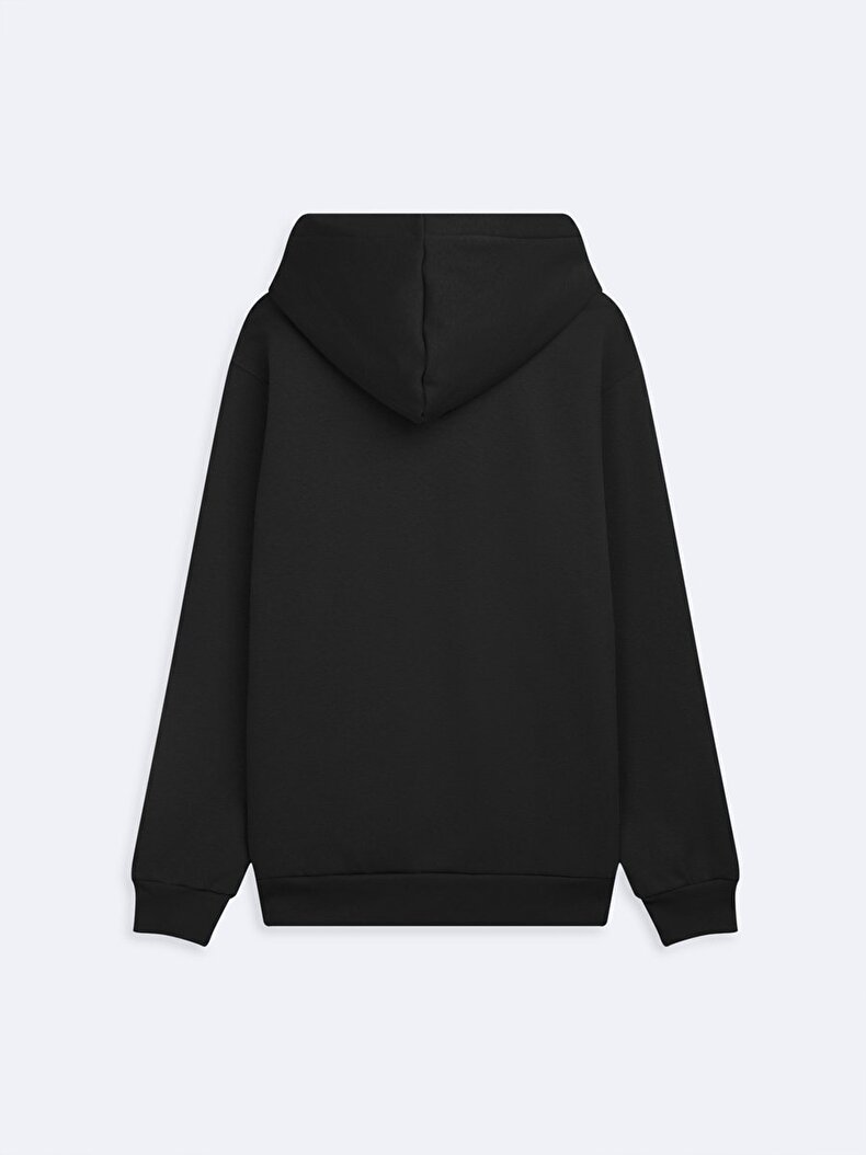 Uzun Kollu Kapüşonlu Basıc Siyah Sweatshırt