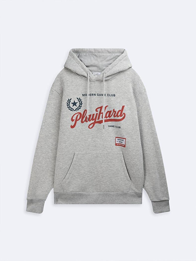 Uzun Kollu Kapüşonlu Slogan Baskılı Gri Sweatshırt