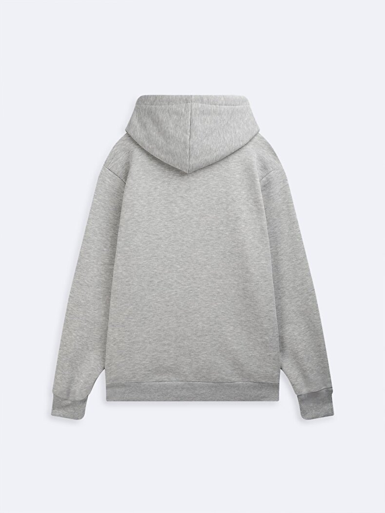 Uzun Kollu Kapüşonlu Slogan Baskılı Gri Sweatshırt