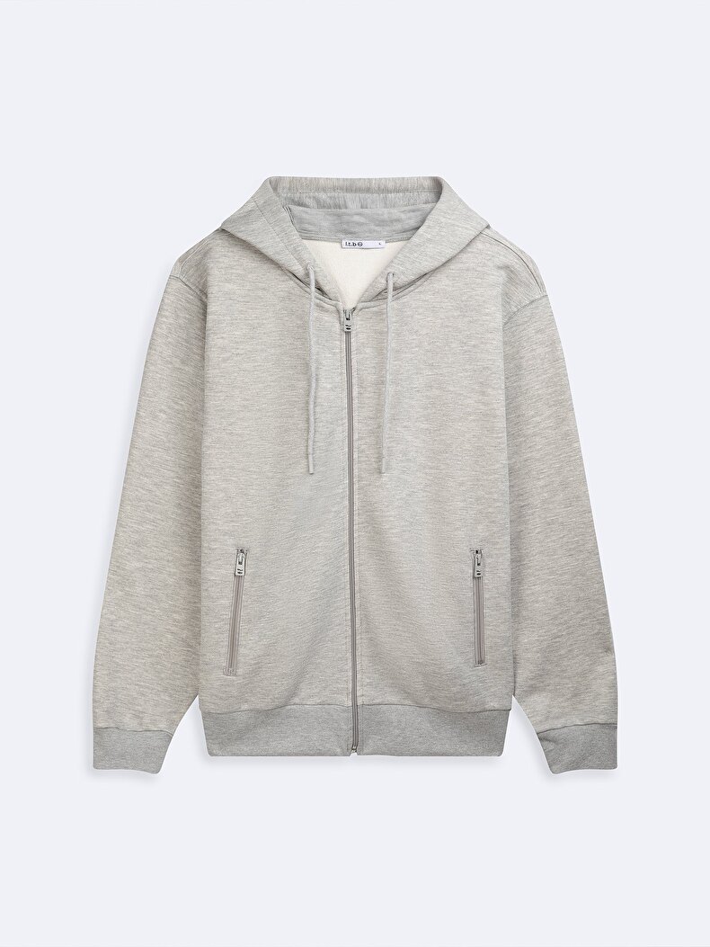 Uzun Kollu Kapüşonlu Basıc Gri Sweatshırt