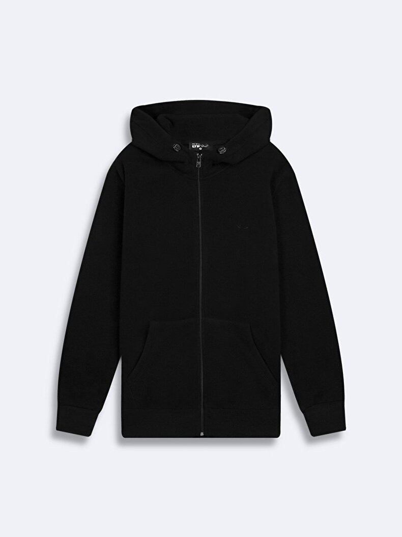 Fermuarlı Kapüşonlu Basıc Siyah Sweatshırt