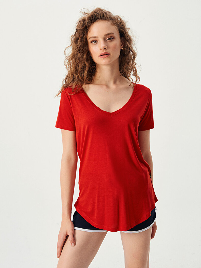V-neck Short Sleeve Rood T-shi̇rt